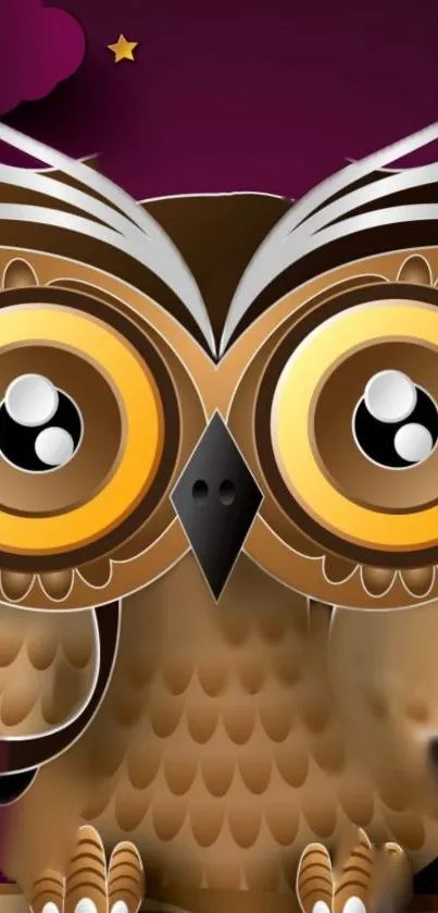 Artistic cartoon owl in rich brown tones on a phone wallpaper.