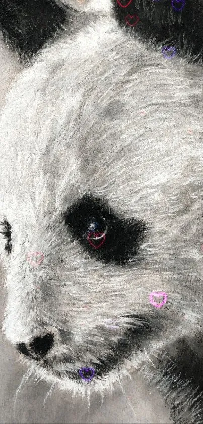 Artistic sketch of a panda with heart accents in light gray shades.