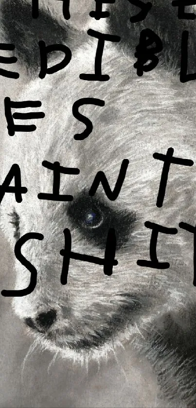 Panda artwork with bold text overlay in gray tones.