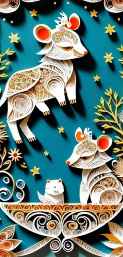 Artistic paper cut animal wallpaper with teal background.