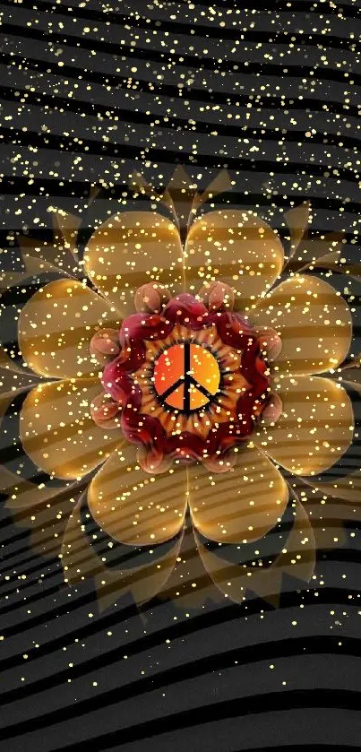 Artistic wallpaper featuring a peace flower mandala on a dark background.