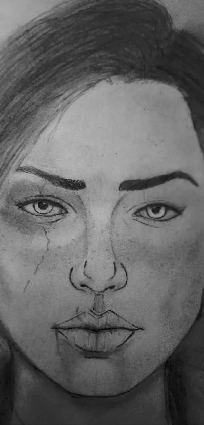 Pencil sketch of a woman's intense facial expression in grayscale tones.