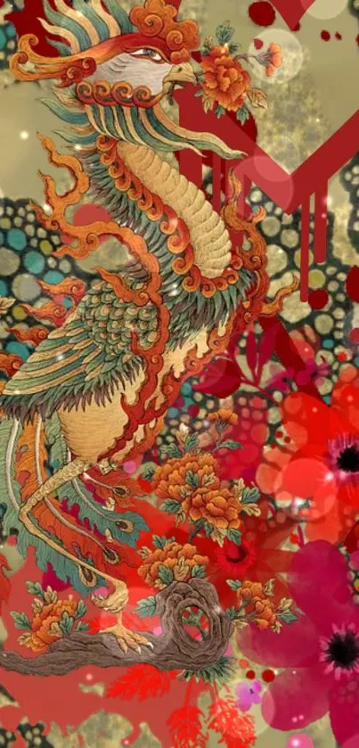 Intricate phoenix with floral design in vibrant, colorful oriental style.