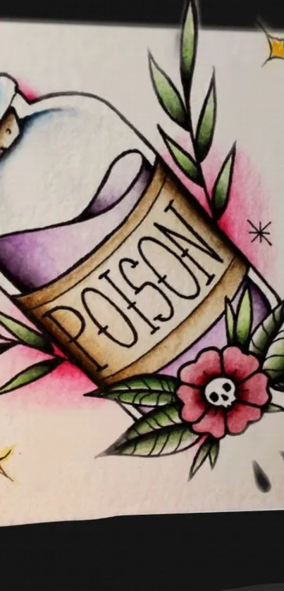 Artistic sketch of poison bottle with floral details.