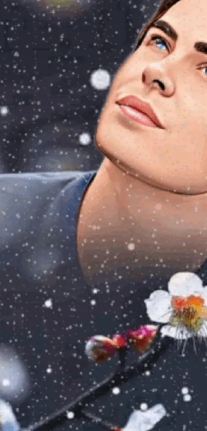 Stylized portrait among snow and blossoms with a dark blue background.