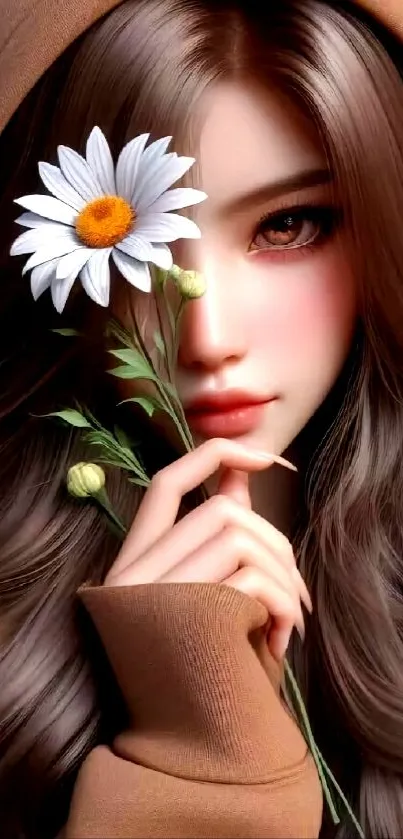 Artistic portrait of a woman holding a daisy in a brown hood.