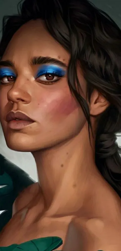 Digital portrait of woman with blue eyeshadow and leaves, artistic display.