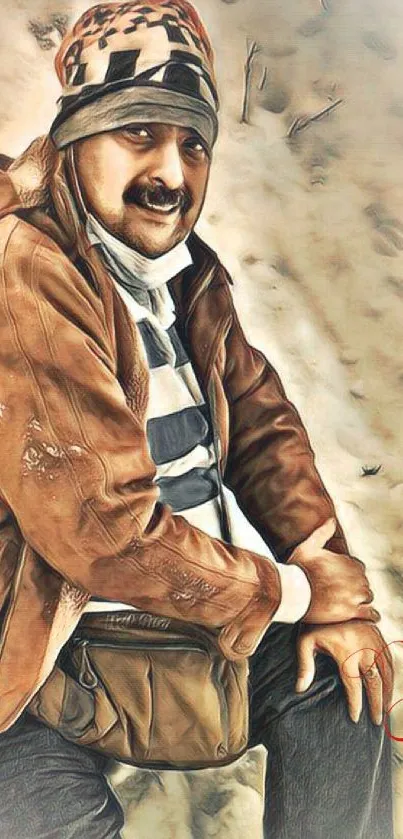 Artistic casual portrait mobile wallpaper with warm earthy tones.