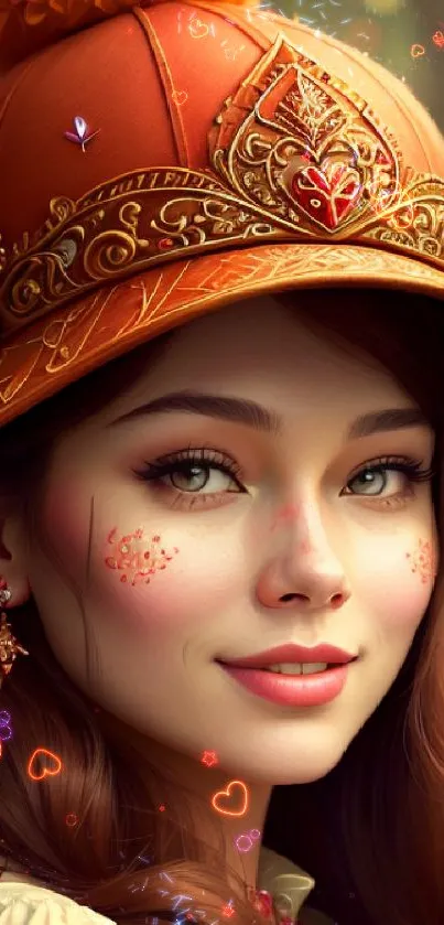 Artistic portrait of a woman with an orange hat, perfect for mobile wallpaper.