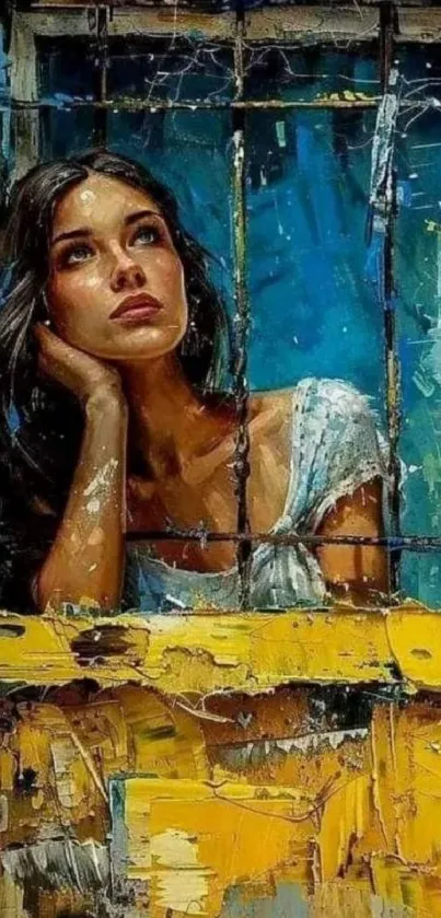 Artistic woman gazes thoughtfully from a window in vibrant colors.
