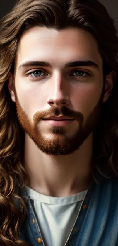 Artistic portrait of a bearded man with long hair.