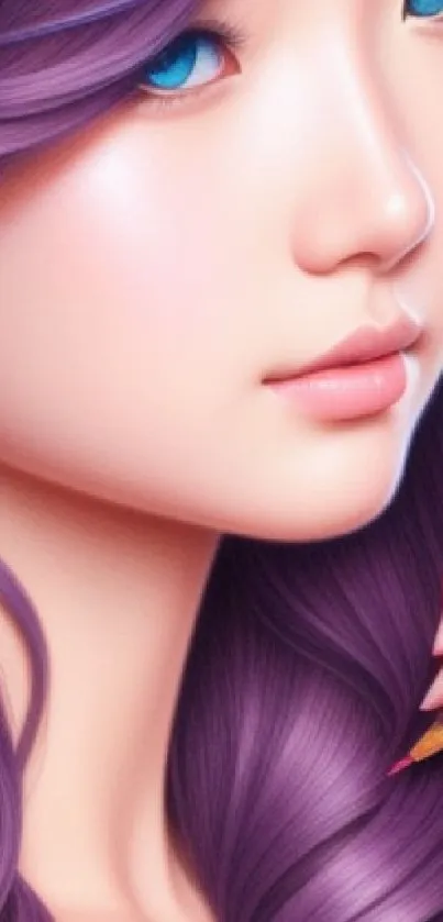 Artistic portrait wallpaper with purple hair and golden details.