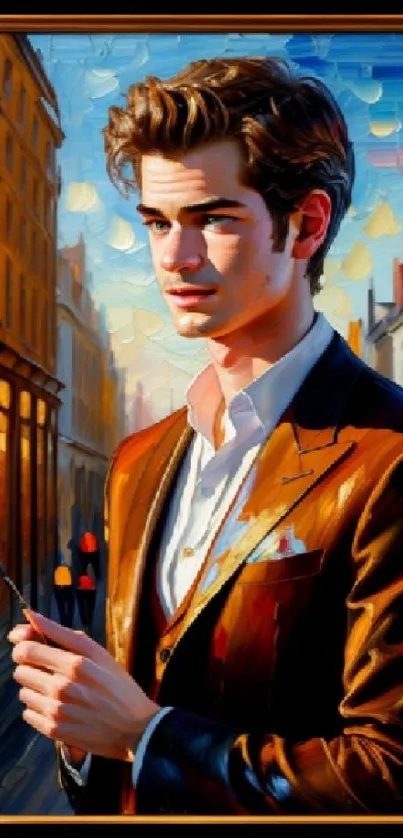 Artwork of a man in a stylish brown suit standing in an urban setting.