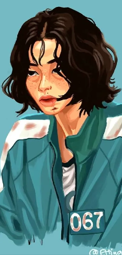 Artistic portrait illustration on teal background.
