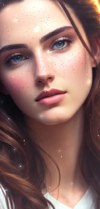 Artistic portrait of a woman with freckles, featuring warm colors and serene expression.