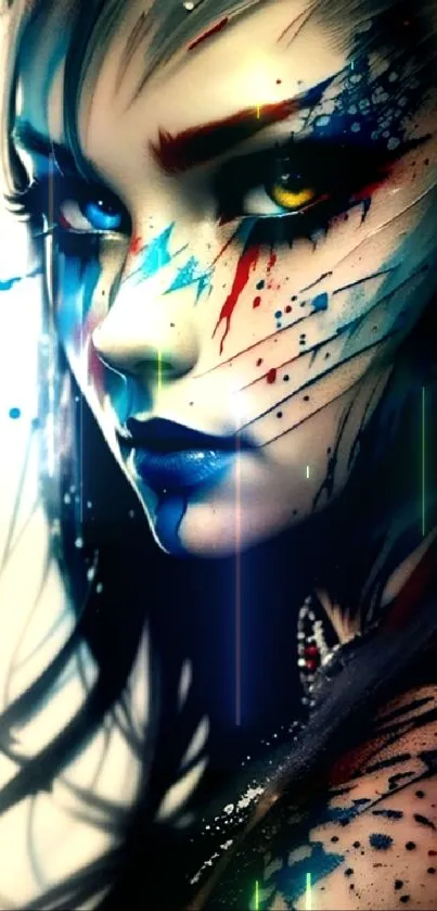 Artistic portrait wallpaper with colorful splashes and dark tones.