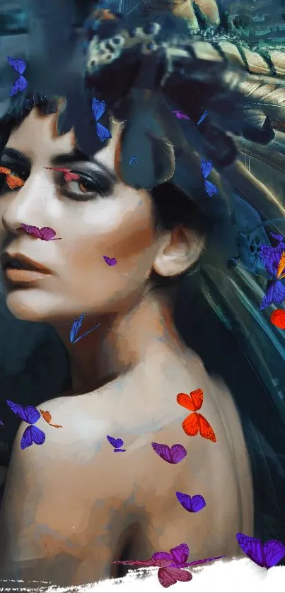 Vibrant digital art of a woman with butterflies on dark background.