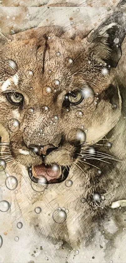 Artistic sketch of a puma with bubbles on phone wallpaper.