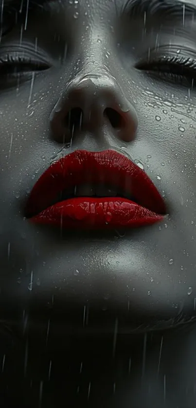 Close-up face with rain and red lips, artistic wallpaper.