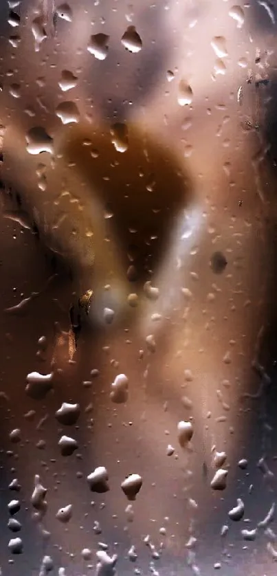 Blurred lovers behind raindrop-covered glass wallpaper.