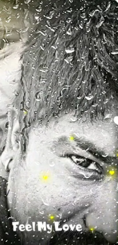 Romantic black and white wallpaper with raindrops and yellow highlights.