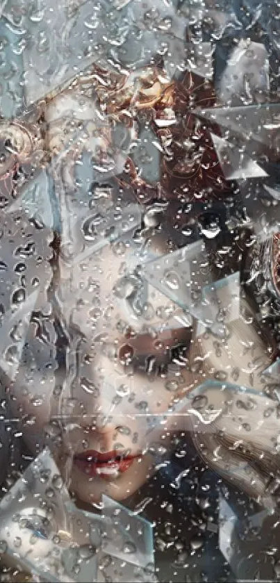 Mysterious woman behind rainy glass on phone wallpaper.