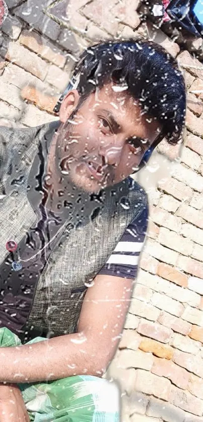 Creative portrait with raindrop effect on brick background wallpaper.