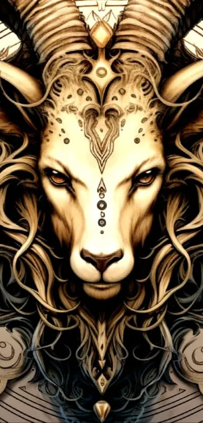 Intricate artistic wallpaper featuring a ram with golden and mystical design.