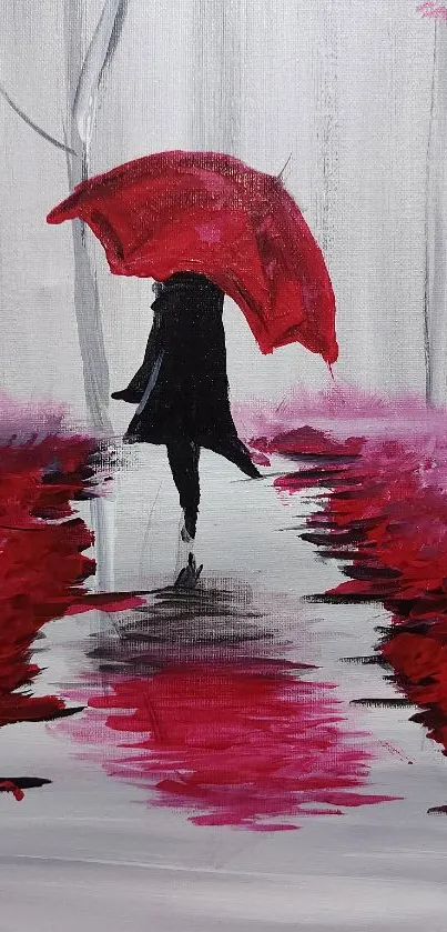 Person with red umbrella walks through artistic landscape on rainy day.