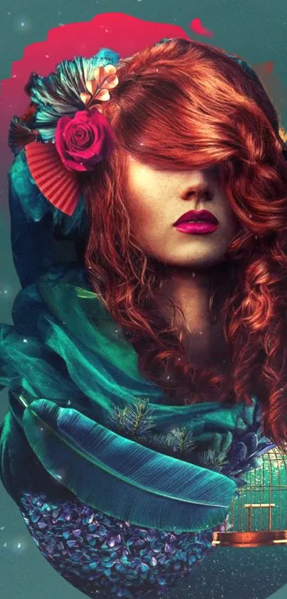 Artistic redhead portrait with teal and floral elements for a mobile wallpaper.