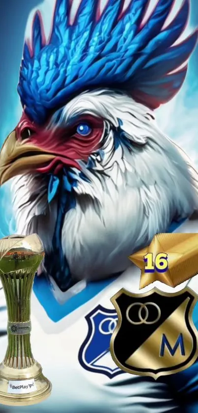 Artistic rooster in sports attire with trophy on a blue background.