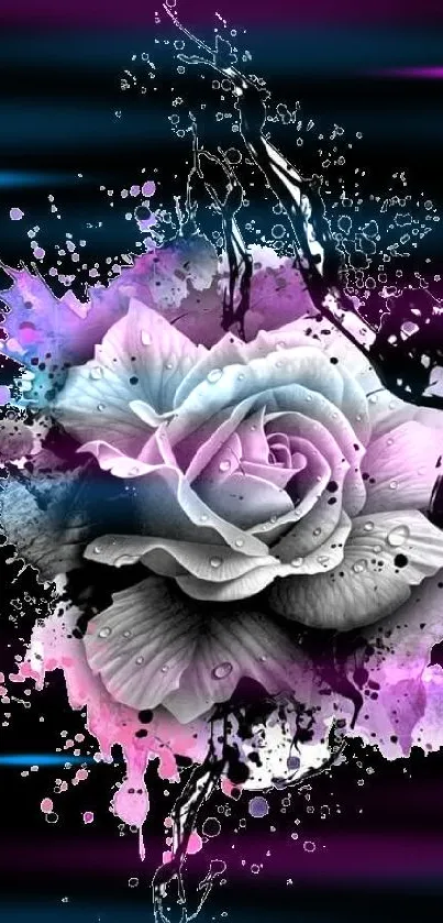 Artistic grayscale rose on a black background with colorful splashes.