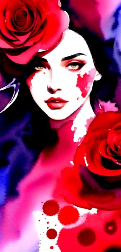 Artistic watercolor portrait with roses, vivid colors, and abstract design.