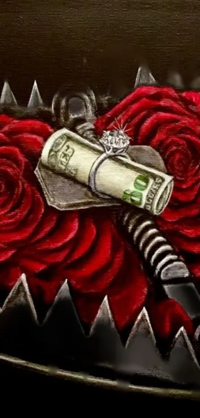 Artistic wallpaper with roses, dollar bill, and diamond design.