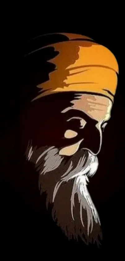 Artistic portrait of a sage with orange turban against black background.