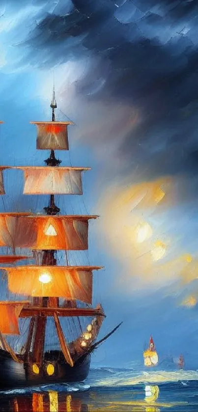 Beautiful sailing ship at sunset in artistic wallpaper design.