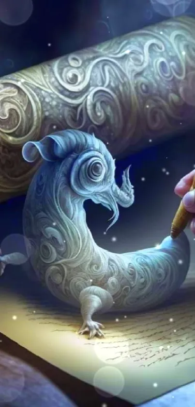 Hand drawing a mystical creature emerging from a decorative scroll.