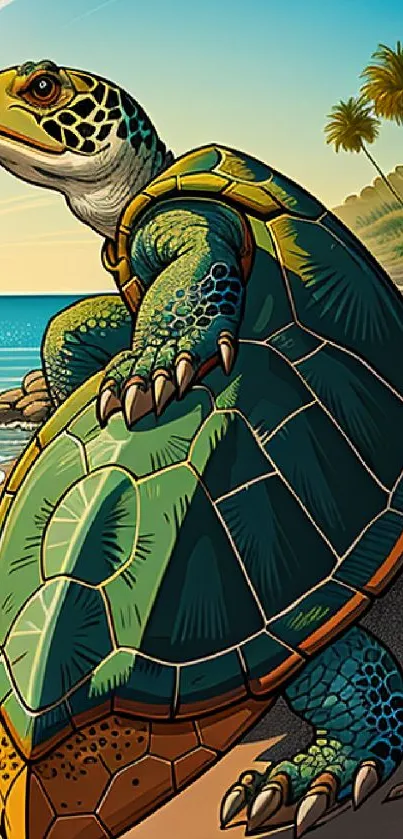 Vibrant illustration of a turtle resting on a sunny beach, backed by palm trees.