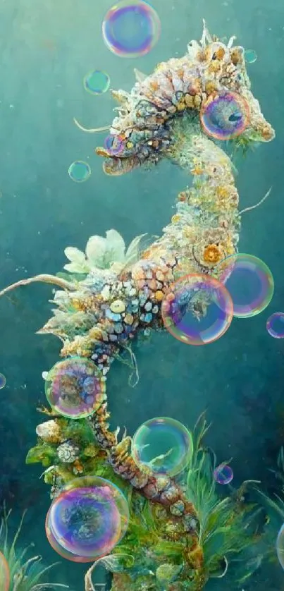 Artistic depiction of a seahorse amidst vibrant ocean life.