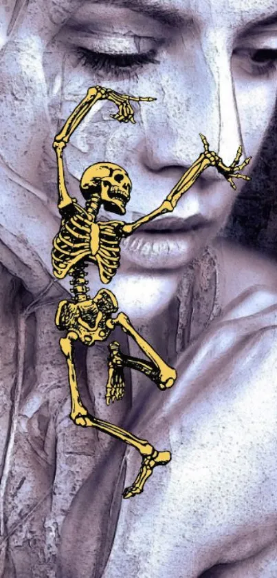 A skeleton dances on a textured portrait background.