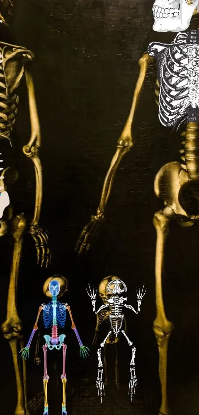 Artistic skeletons on a dark mobile wallpaper.