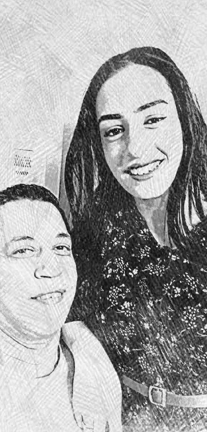 Monochrome sketch of a smiling couple with artistic flair.