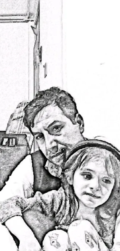 Pencil sketch of a man and child in a cozy living room setting.