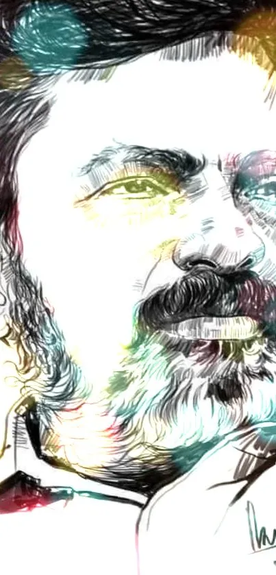 Artistic sketch of a bearded man with vibrant color splashes on mobile wallpaper.