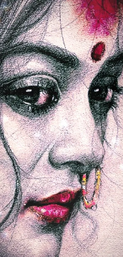 Artistic sketch of a woman's face with vibrant colors.