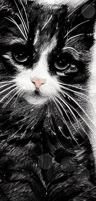 Black and white sketch of a cute kitten with detailed fur and big eyes.