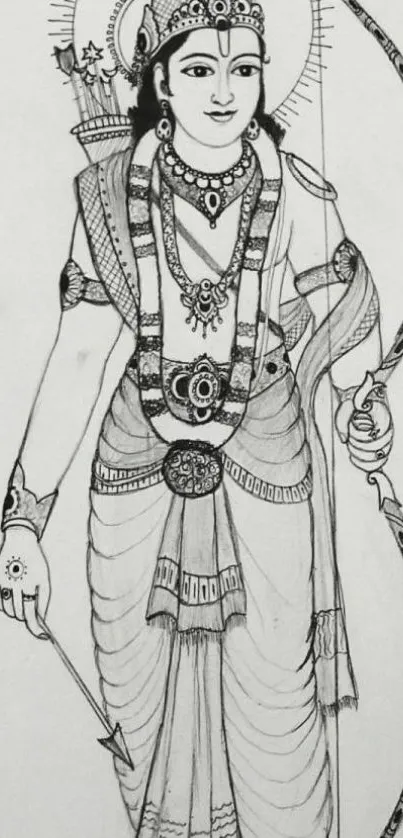 Intricate sketch depicting a divine archer with bow and arrow.