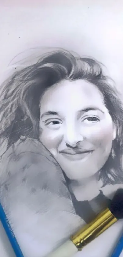 Artistic sketch of smiling woman with pencils and brush.