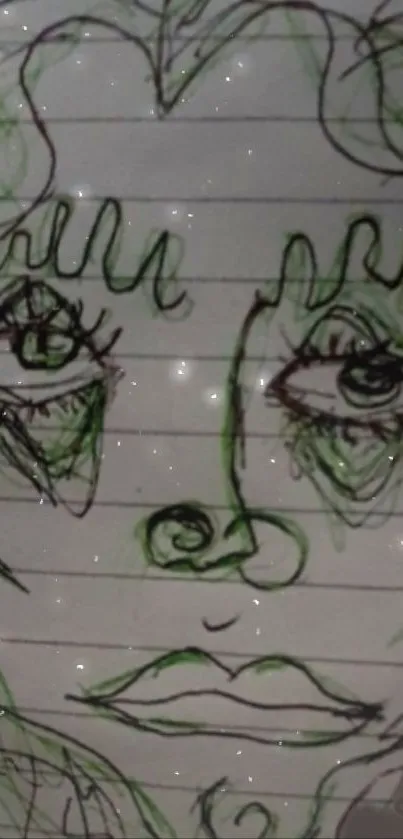 Artistic sketch of abstract face in green and grey hues on lined paper background.