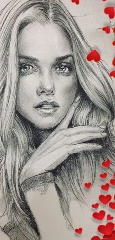 Pencil sketch of a woman with red hearts.